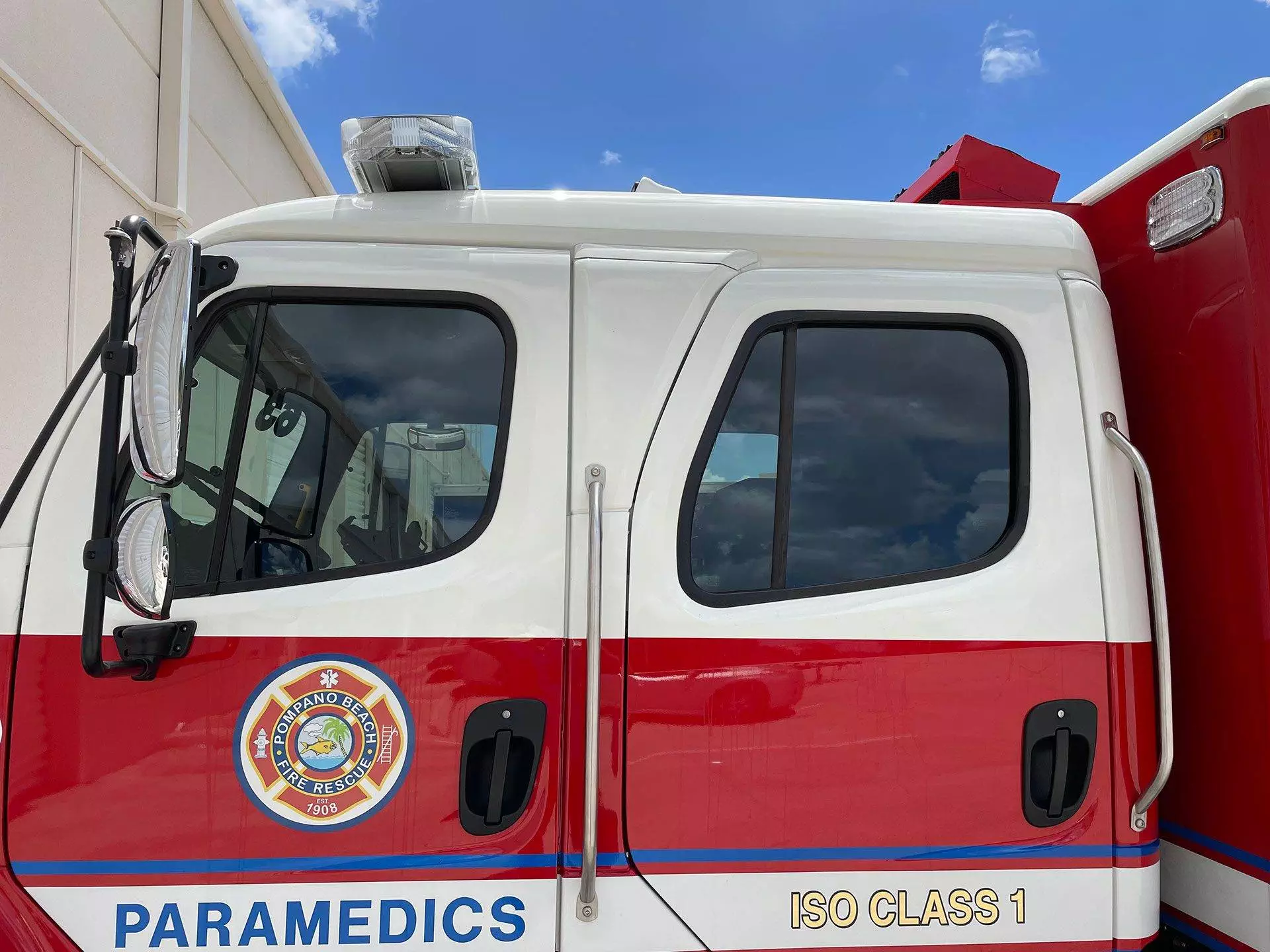 Pompano Beach Fire Rescue truck with window tinting close up
